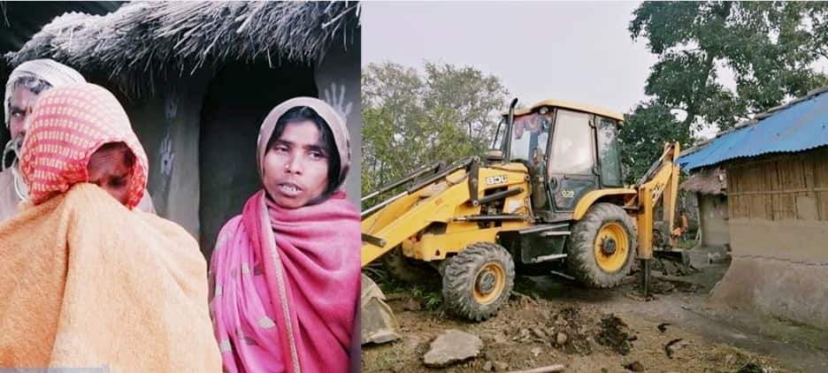 गरिब परिवारको घरमा जमिन्दारको डोजर लगाएर घर भत्काइँदै। घरबारविहीन भएका दलित परिवार