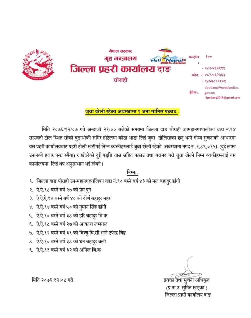 दाङ प्रहरीले जुवा खेलेको अभियोगमा ९ जना पक्राउ