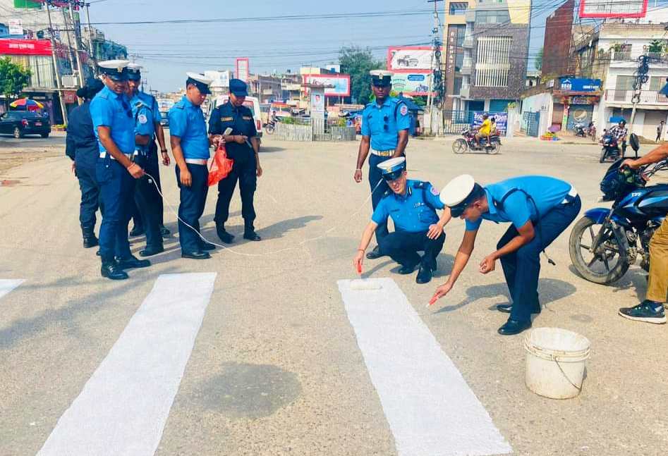 दाङ ट्राफिक प्रमुख मल्लको कमान्डमा मेटिएको जेब्राक्रसिङहरु निर्माण गर्दै