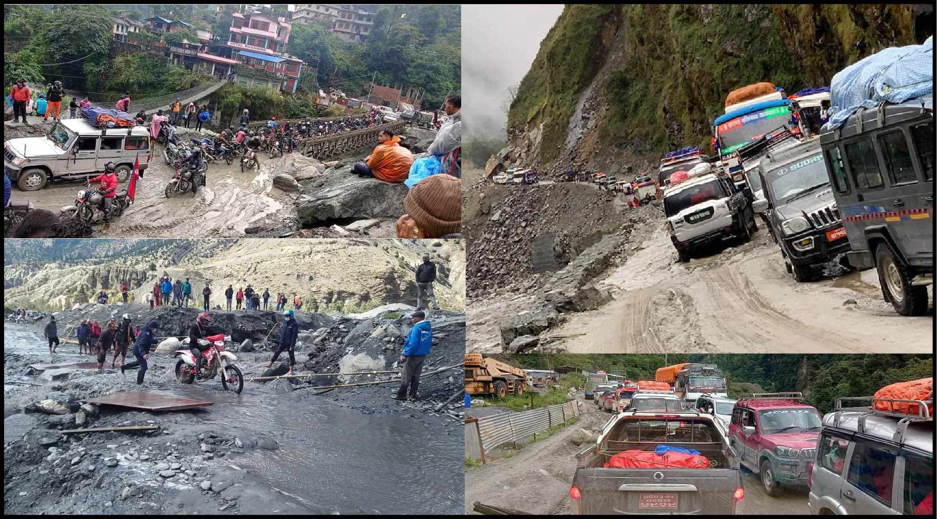 मुस्ताङमा पटक पटक पहिरोको कारण घन्टौँ गाडी रोकिदा यात्रुहरुले सास्ती भोग्दै