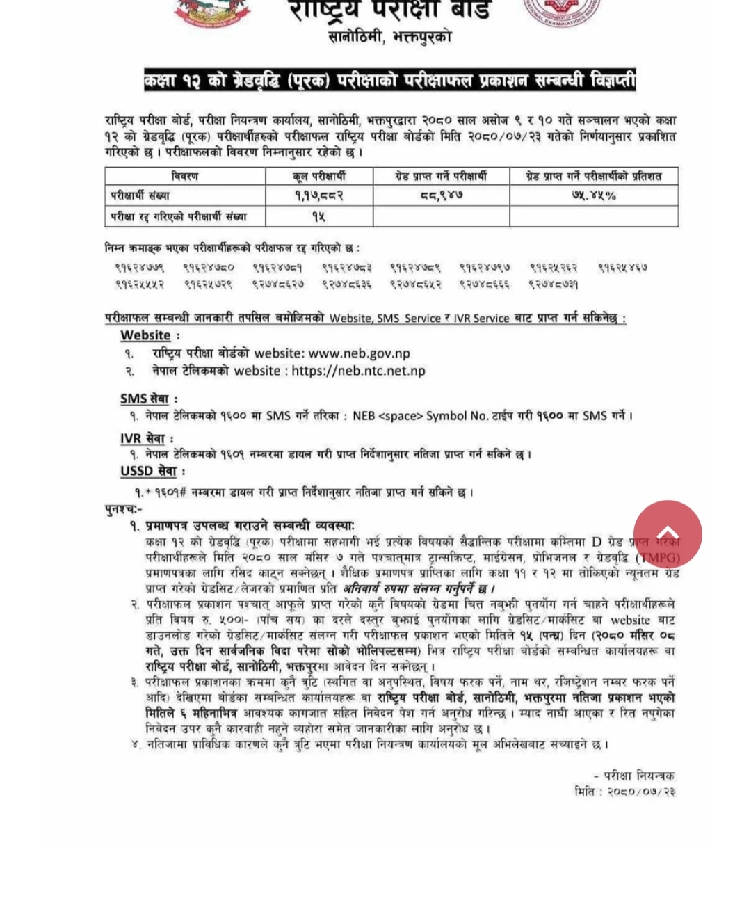राष्ट्रिय परीक्षा बोर्डले कक्षा १२ को ग्रेडवृद्धि परीक्षाको नतिजा सार्वजनिक