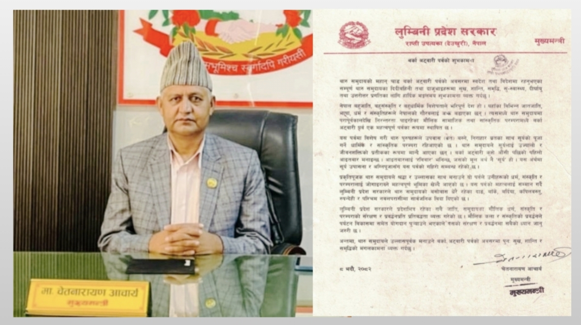 लुम्बिनीका मुख्यमन्त्री आचार्यले थारु समुदायको बर्का अट्वारी पर्वको अवसरमा शुभकामना व्यक्त,