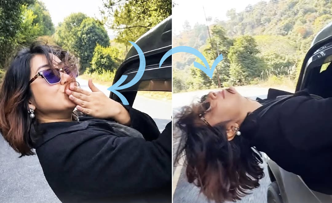 सांसद सृष्टी भट्टराई गुडिरहेको कारको झ्यालबाट जीउ बाहिर निकालेर मस्ती मुडमा यात्रा ट्राफिक नियम उल्लंघन,